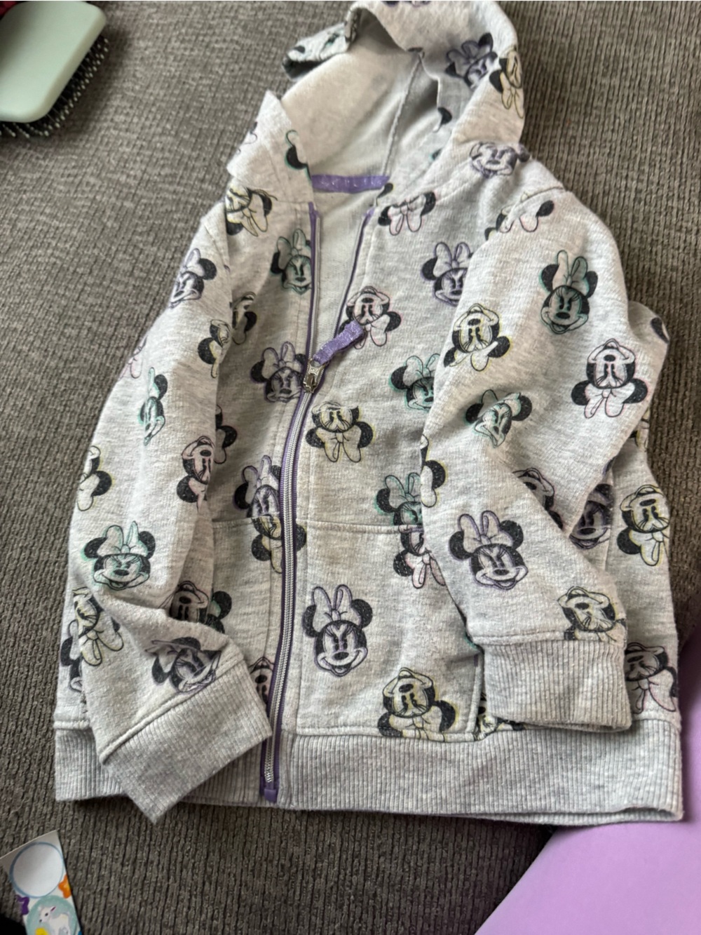 Disney Light Gray Minnie Mouse Hoodie with Purple Trim